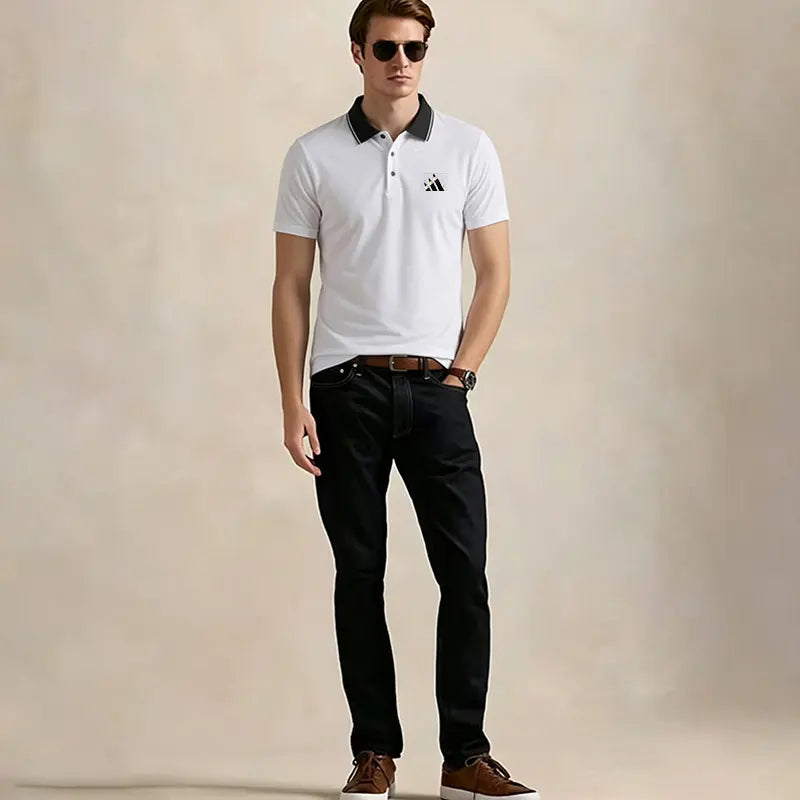 Men’S Polo Shirts with a Tipped Collar, Designed for Business, Golf, and Casual Wear; Quick-Drying, Breathable, and Cool Short-Sleeve Tops with Premium Embroidery
