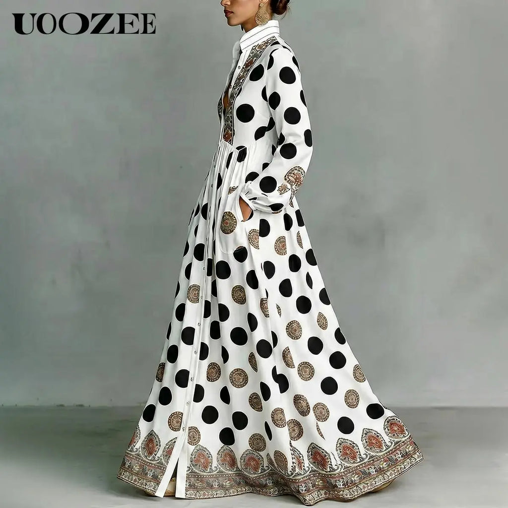 UOOZEE Women'S New 2026 Bohemian Polka Dot Big Hemline Puff Sleeves Stand Collar Maxi Dress, Tribal Print Long Sleeve Button-Front Dress with Pockets, Vacation Shirt Dress, Tall Length (Ladies with C - Cup and above Need to Order One Size Up)