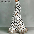 UOOZEE Women'S New 2026 Bohemian Polka Dot Big Hemline Puff Sleeves Stand Collar Maxi Dress, Tribal Print Long Sleeve Button-Front Dress with Pockets, Vacation Shirt Dress, Tall Length (Ladies with C - Cup and above Need to Order One Size Up)