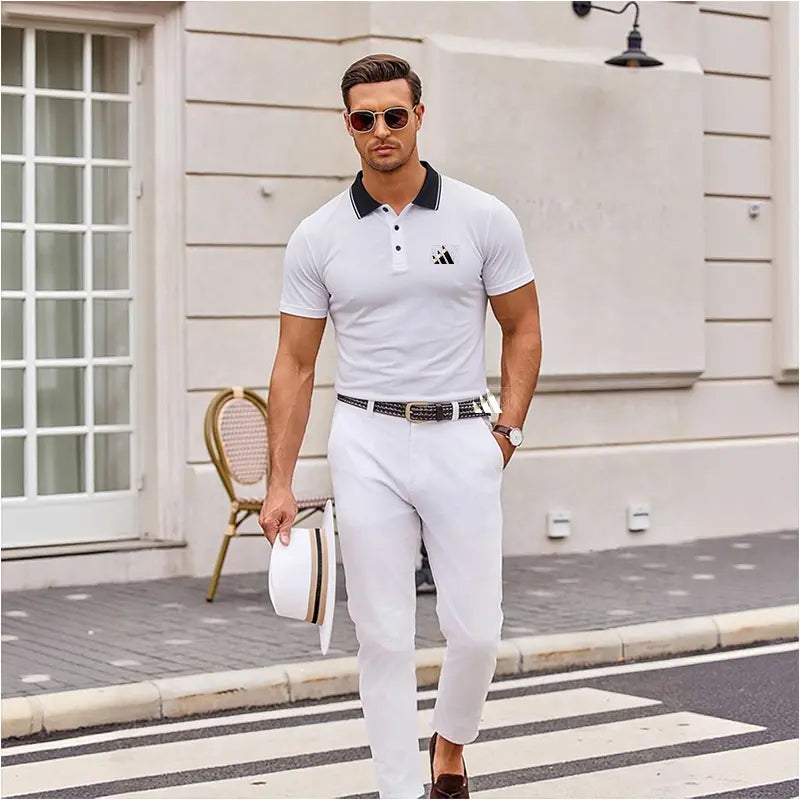 Men’S Polo Shirts with a Tipped Collar, Designed for Business, Golf, and Casual Wear; Quick-Drying, Breathable, and Cool Short-Sleeve Tops with Premium Embroidery