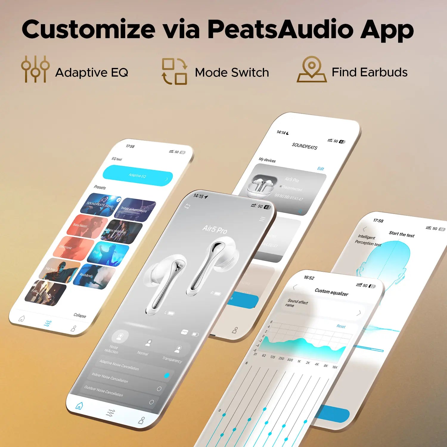 Soundpeats Air5 Pro Wireless Earbuds, Bluetooth 5.4, ANC Noise Cancelling, Comfy In-Ear Headphones, LDAC Hi-Res Audio, 35H Playtime, IPX5 Waterproof for Work, Gym, Travel