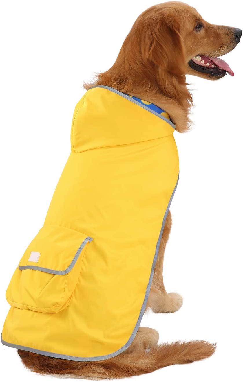 2-In-1 Reversible Dog Raincoat Hooded Poncho Rain Jacket YLW Duck L | Double Sided, Built-In Leash Hole, Reflective Safety Strips, Folds into Storage Pouch, for Small to Extra Large Dog Breeds