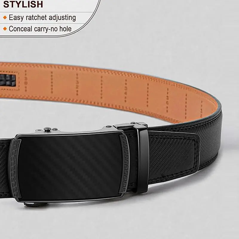 Men'S Heavy Duty Dark-Colored Leather Belt - Automatic Ratchet Buckle with Easy Release, Adjustable Cuttable 28-48 in Length, Gift Boxed for Dad (Casual Buckles Automatic Boxed Men'S Belt), Automatic Men'S Belts, Boxed Men'S Belts