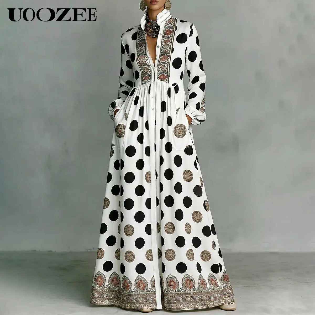 UOOZEE Women'S New 2026 Bohemian Polka Dot Big Hemline Puff Sleeves Stand Collar Maxi Dress, Tribal Print Long Sleeve Button-Front Dress with Pockets, Vacation Shirt Dress, Tall Length (Ladies with C - Cup and above Need to Order One Size Up)