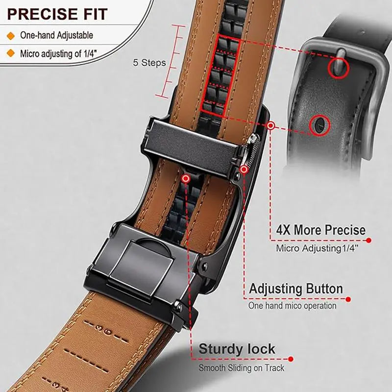 Men'S Heavy Duty Dark-Colored Leather Belt - Automatic Ratchet Buckle with Easy Release, Adjustable Cuttable 28-48 in Length, Gift Boxed for Dad (Casual Buckles Automatic Boxed Men'S Belt), Automatic Men'S Belts, Boxed Men'S Belts