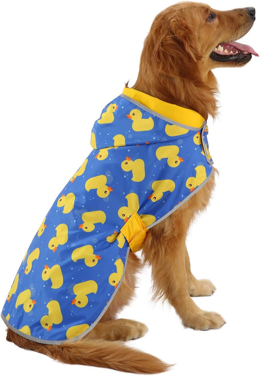 2-In-1 Reversible Dog Raincoat Hooded Poncho Rain Jacket YLW Duck L | Double Sided, Built-In Leash Hole, Reflective Safety Strips, Folds into Storage Pouch, for Small to Extra Large Dog Breeds