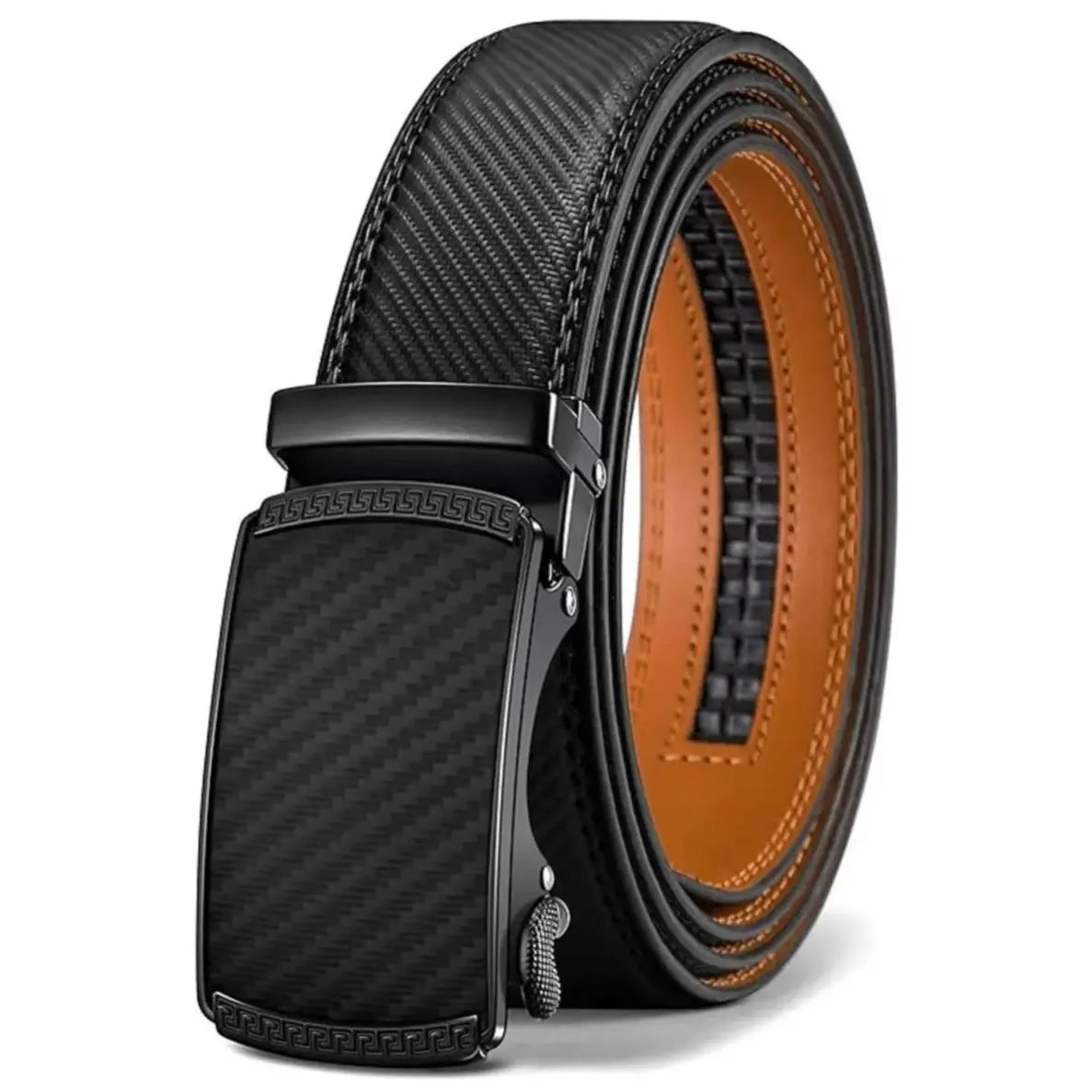 Men'S Heavy Duty Dark-Colored Leather Belt - Automatic Ratchet Buckle with Easy Release, Adjustable Cuttable 28-48 in Length, Gift Boxed for Dad (Casual Buckles Automatic Boxed Men'S Belt), Automatic Men'S Belts, Boxed Men'S Belts