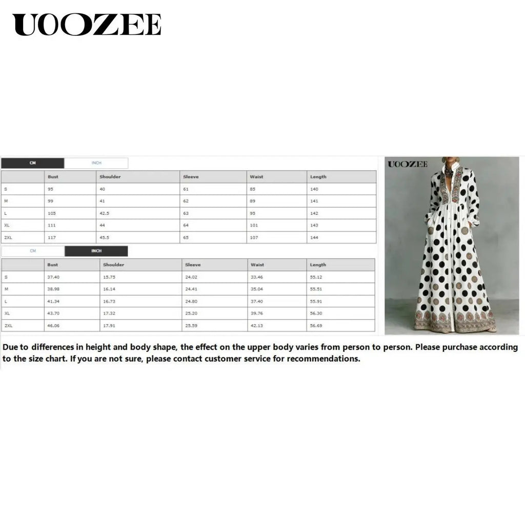 UOOZEE Women'S New 2026 Bohemian Polka Dot Big Hemline Puff Sleeves Stand Collar Maxi Dress, Tribal Print Long Sleeve Button-Front Dress with Pockets, Vacation Shirt Dress, Tall Length (Ladies with C - Cup and above Need to Order One Size Up)