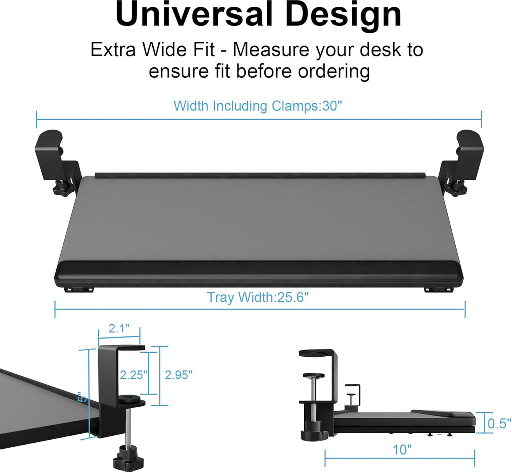 Keyboard Tray under Desk Slide Out,Keyboard Drawer Clamp on Keyboard Tray with Wrist Rest Keyboard Holder for Home Office School 26" (30" Including Clamps) X 10" Dark Gray
