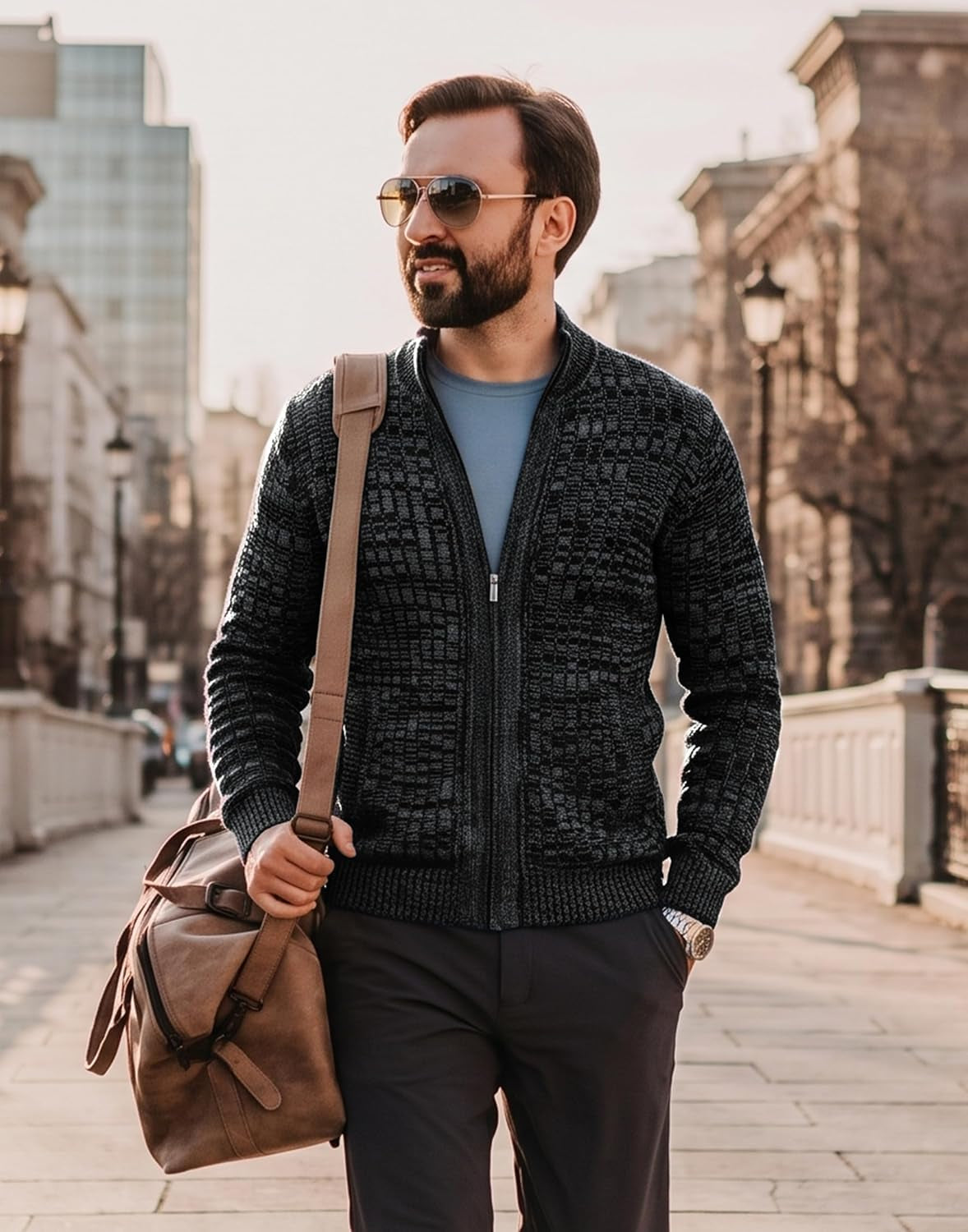 Men'S Cardigan Sweaters Full Zip up Stand Collar Slim Fit Casual Knitted Sweater with 2 Front Pockets