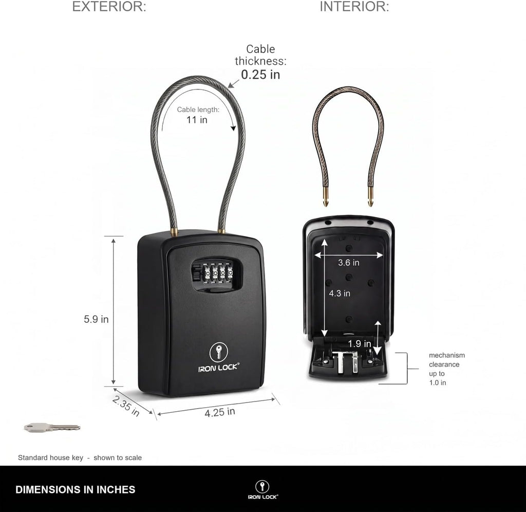 ® Key Lock Box Portable with Cable Shackle & Wall Mount – Waterproof Heavy Duty Metal Lock Box for Keys with 4-Digit Combination Code on Door Knob, Fence, Pipe or Gate Extra Large(Black, XXL)
