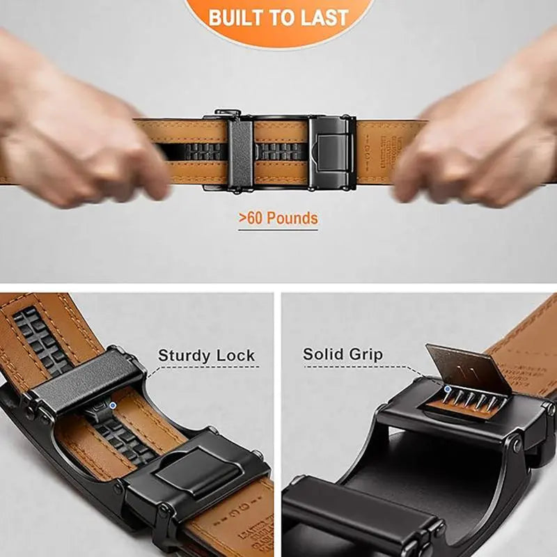Men'S Heavy Duty Dark-Colored Leather Belt - Automatic Ratchet Buckle with Easy Release, Adjustable Cuttable 28-48 in Length, Gift Boxed for Dad (Casual Buckles Automatic Boxed Men'S Belt), Automatic Men'S Belts, Boxed Men'S Belts