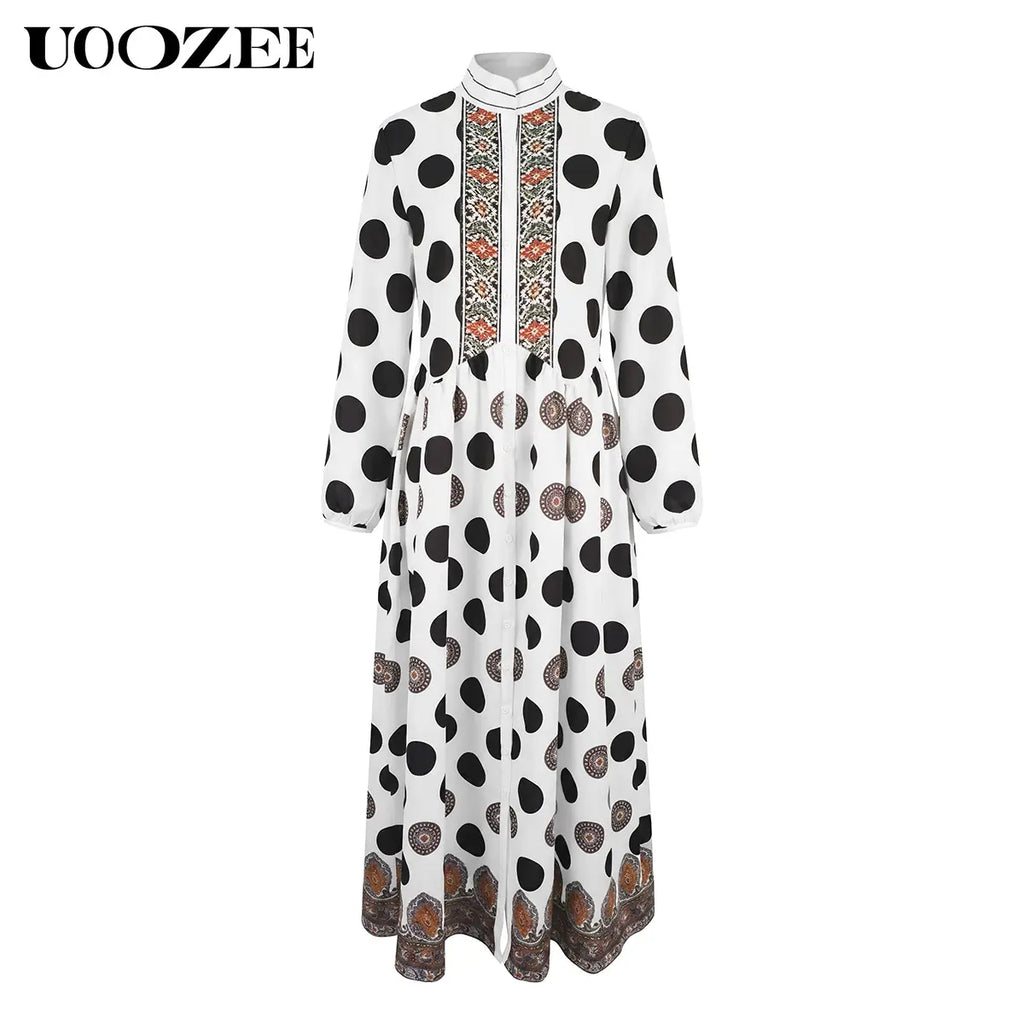UOOZEE Women'S New 2026 Bohemian Polka Dot Big Hemline Puff Sleeves Stand Collar Maxi Dress, Tribal Print Long Sleeve Button-Front Dress with Pockets, Vacation Shirt Dress, Tall Length (Ladies with C - Cup and above Need to Order One Size Up)