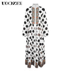 UOOZEE Women'S New 2026 Bohemian Polka Dot Big Hemline Puff Sleeves Stand Collar Maxi Dress, Tribal Print Long Sleeve Button-Front Dress with Pockets, Vacation Shirt Dress, Tall Length (Ladies with C - Cup and above Need to Order One Size Up)