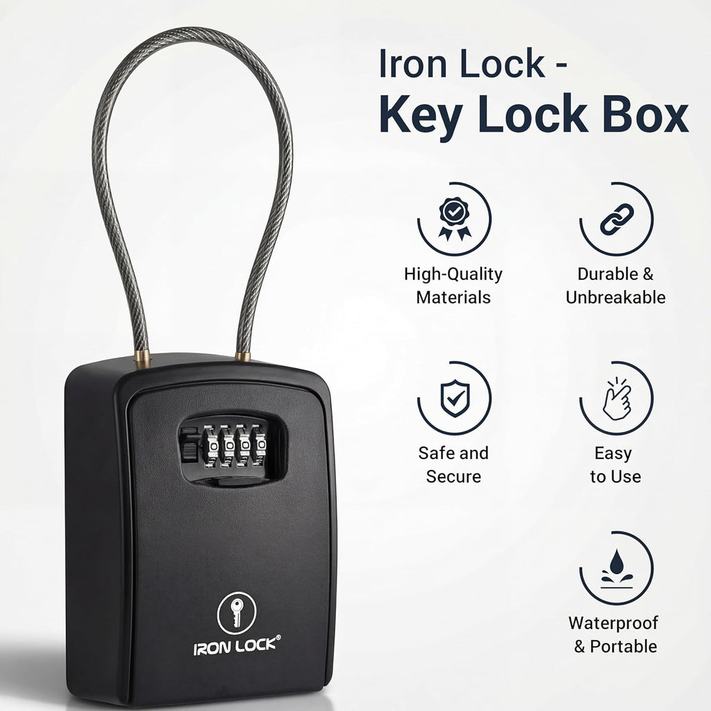 ® Key Lock Box Portable with Cable Shackle & Wall Mount – Waterproof Heavy Duty Metal Lock Box for Keys with 4-Digit Combination Code on Door Knob, Fence, Pipe or Gate Extra Large(Black, XXL)