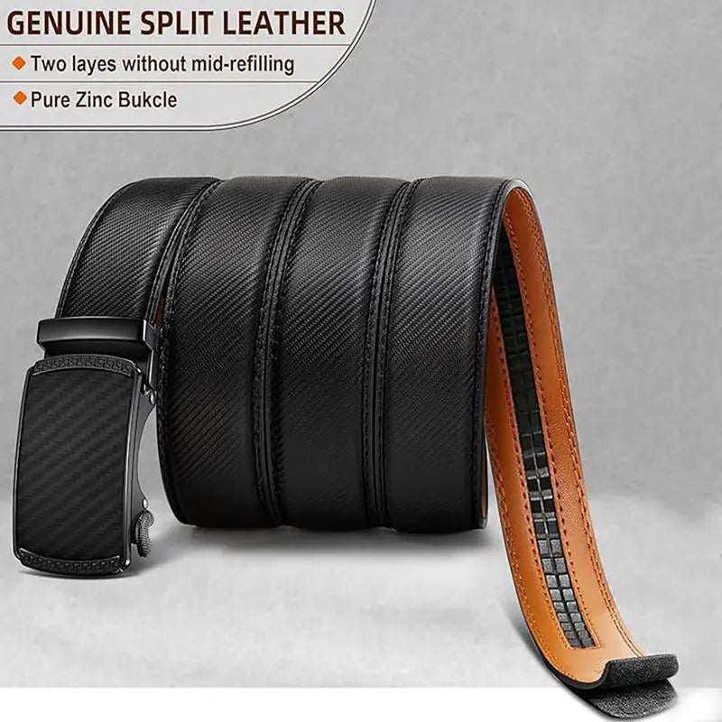 Men'S Heavy Duty Dark-Colored Leather Belt - Automatic Ratchet Buckle with Easy Release, Adjustable Cuttable 28-48 in Length, Gift Boxed for Dad (Casual Buckles Automatic Boxed Men'S Belt), Automatic Men'S Belts, Boxed Men'S Belts