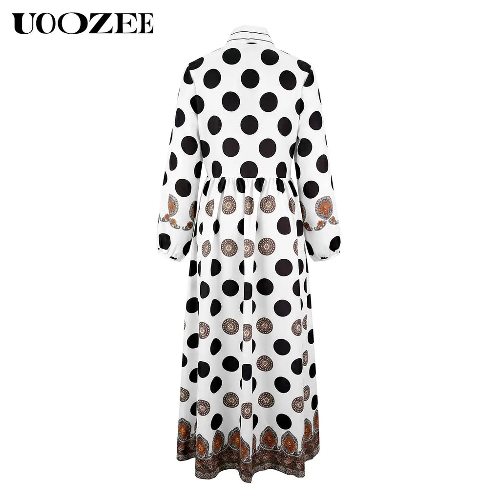 UOOZEE Women'S New 2026 Bohemian Polka Dot Big Hemline Puff Sleeves Stand Collar Maxi Dress, Tribal Print Long Sleeve Button-Front Dress with Pockets, Vacation Shirt Dress, Tall Length (Ladies with C - Cup and above Need to Order One Size Up)