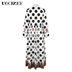 UOOZEE Women'S New 2026 Bohemian Polka Dot Big Hemline Puff Sleeves Stand Collar Maxi Dress, Tribal Print Long Sleeve Button-Front Dress with Pockets, Vacation Shirt Dress, Tall Length (Ladies with C - Cup and above Need to Order One Size Up)