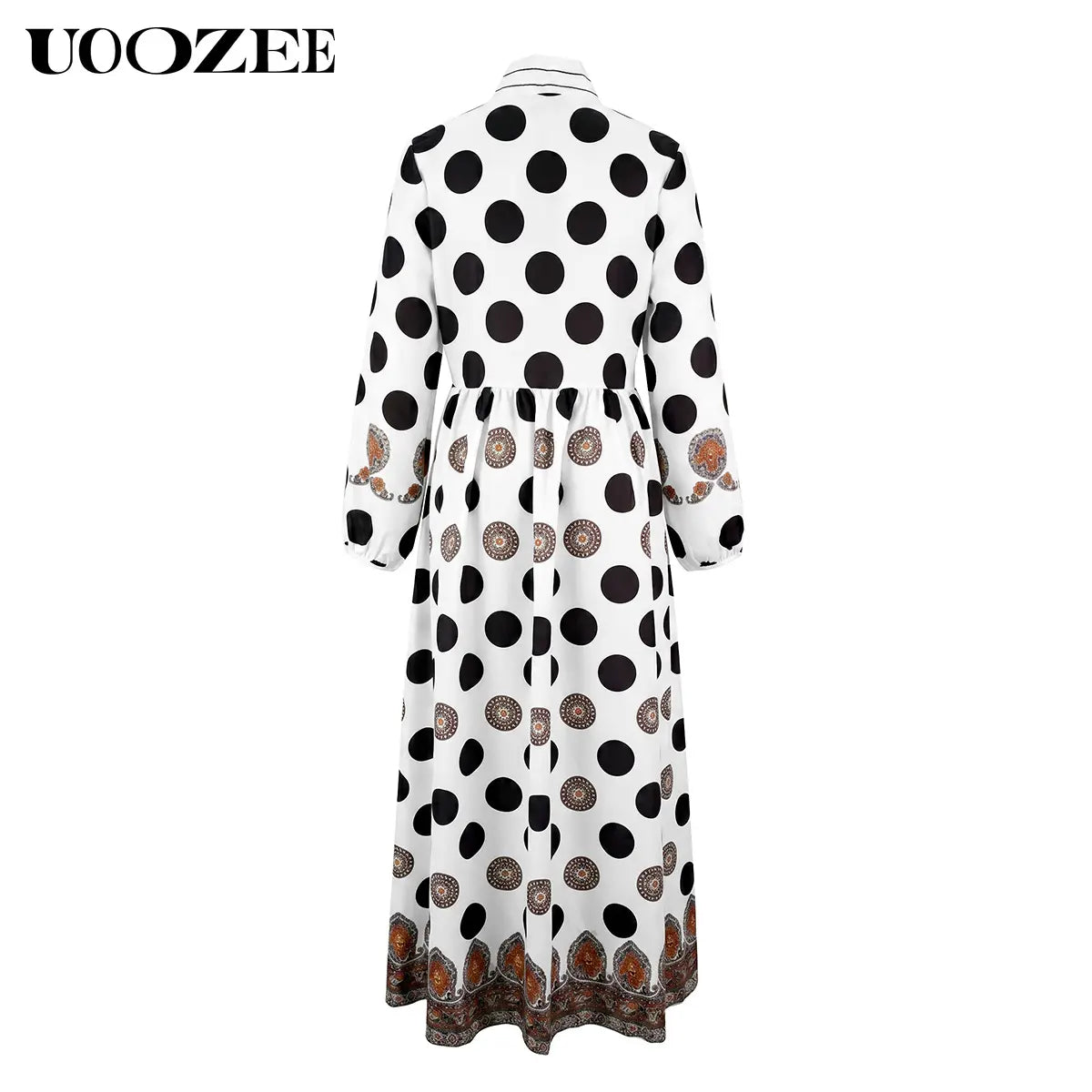 UOOZEE Women'S New 2026 Bohemian Polka Dot Big Hemline Puff Sleeves Stand Collar Maxi Dress, Tribal Print Long Sleeve Button-Front Dress with Pockets, Vacation Shirt Dress, Tall Length (Ladies with C - Cup and above Need to Order One Size Up)